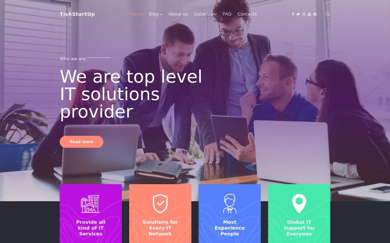 TishStartUp is a WordPress Theme designed to be used for Startup and Company websites. The Header includes a drop-down menu