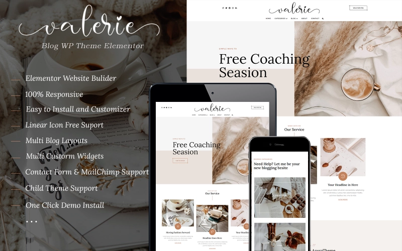 Valerie is an elegant and feminine WordPress theme with unique design elements to tell your story. It is made for easy-to-use Elementor Free on WordPress. Just drag-and-drop your way to your dream site