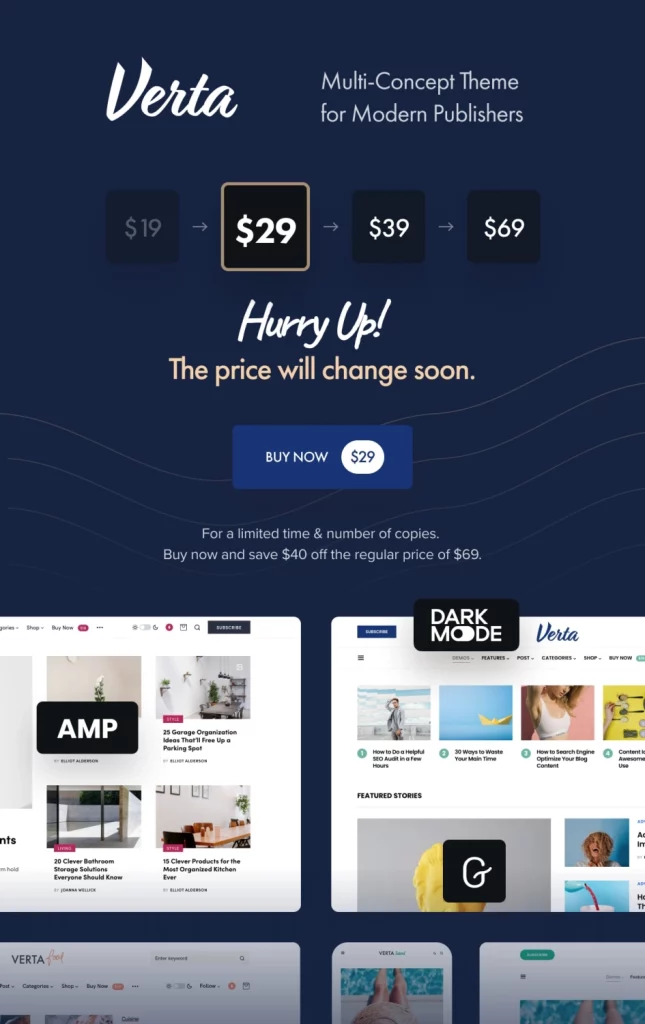 Verta. Multi-Concept Theme for Modern Publishers​ Verta is a modern and clean WordPress theme for modern niche media and content projects. 9 Importable Demo Sites in One Theme​ Thanks to our signature feature