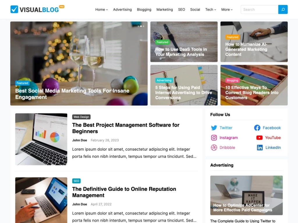 VisualBlog Pro is a WordPress blogging theme built with the WordPress site editor