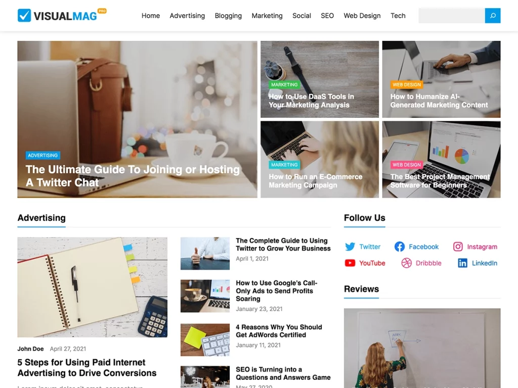 VisualMag Pro is a WordPress magazine theme built with the WordPress Site Editor