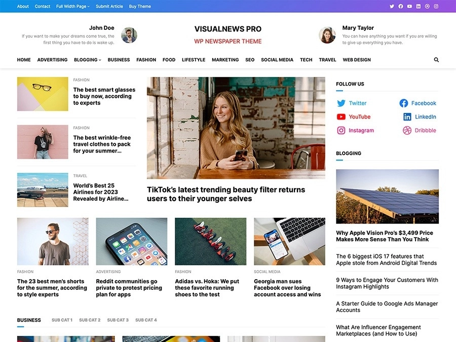 VisualNews Pro is a WordPress newspaper theme built with the WordPress Site Editor