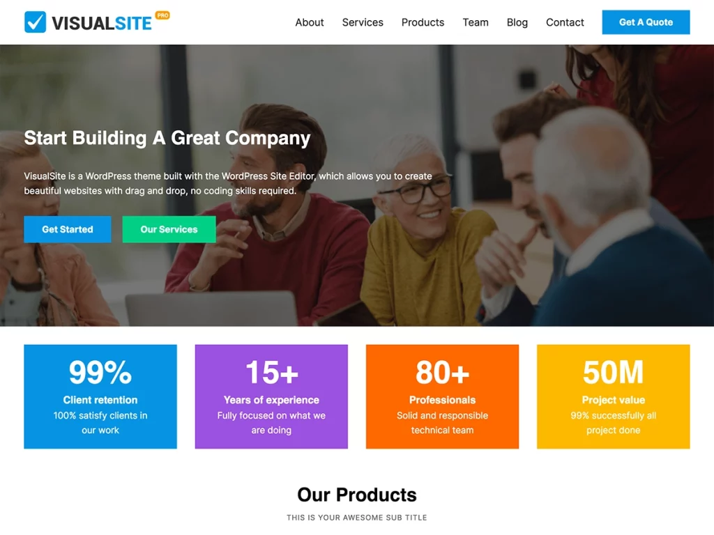 VisualSite Pro is a WordPress theme built with the WordPress Site Editor