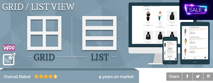 WooCommerce Grid/List View plugin adds buttons to shop pages which toggles grid and list product view. This is a simple plugin with advanced customization of list/grid view toggle buttons and list style.
