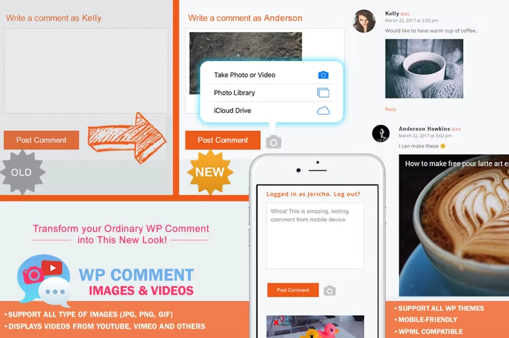 Transform your ordinary WordPress Comment into this Interactive New Look with upload images and also displays videos from popular sites such as YouTube