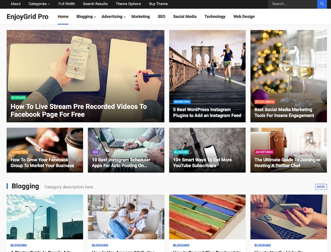 EnjoyGrid Pro is a grid-based news and magazine theme