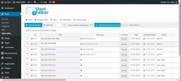 Display all users in a spreadsheet. Edit user profiles like name