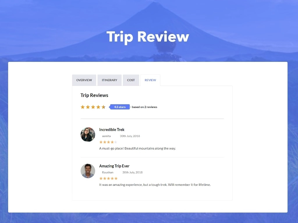 Trip Reviews is an extension for WP Travel Engine that allows a tour operator or a travel agency to add authentic trip reviews onto their website.