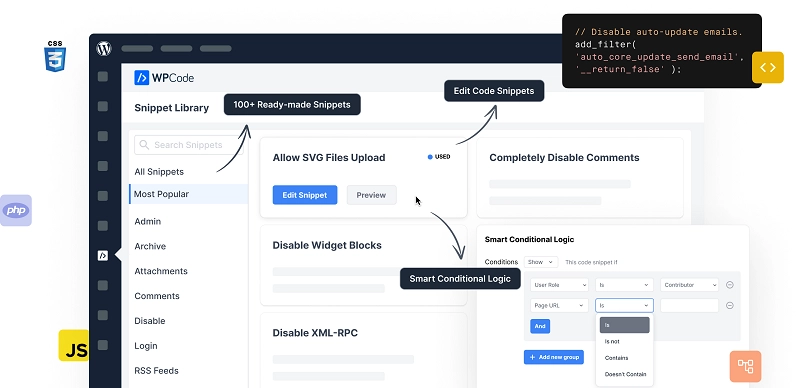 WPCode makes it easy and safe to add custom WordPress features through code snippets