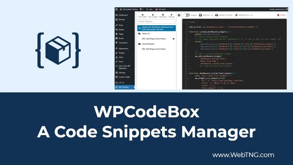 WPCodeBox allows you to save all your Code Snippets to the Cloud and share them across your WordPress sites. The Code Snippet Repository provides you with a library of tested and ready-to-use Code Snippets for your WordPress site.