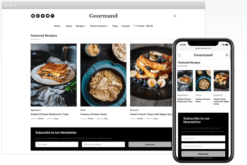 Gourmand is a classy WordPress theme dedicated to food blogs. Stylish and highly practical