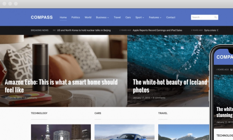 Compass is a highly sophisticated and customizable magazine theme. The modern responsive design lets you show off your content and the easily configurable homepage gets the look you want.