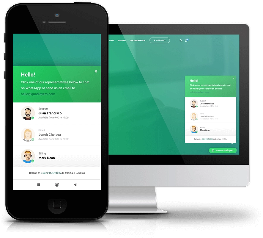 Do you want to improve your customer service? WhatsApp Chat allows your users to start a conversation from your website directly to your WhatsApp phone number with one click.​