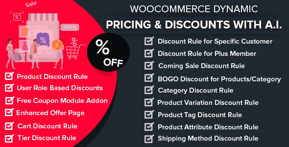 The WooCommerce Dynamic Pricing  Discounts Pro A.I. is highly functional and comprehensive pricing and discount plugin for WooCommerce stores. For full details and features