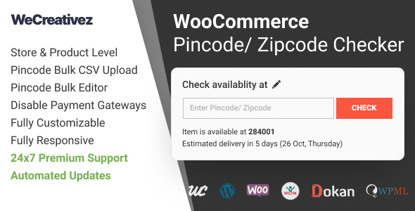 The WooCommerce Pincode/ Zipcode Checker module is a much-needed feature to check the availability of a product by the Zip Code/ Pin Code/ Postal code. Features: Check Pincode/ Postal/ Zipcode availability on product page. Pincode/ Zipcode checker works on store and product level. Support all types of Postcodes/ Zipcodes/ Pincodes…