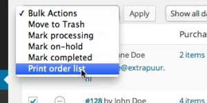 WooCommerce Print Order List is an extension that allows you to print a list of all your WooCommerce orders. Simply select them in the WooCommerce orders dashboard