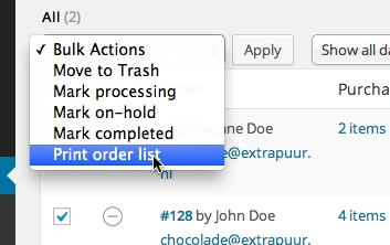 WooCommerce Print Order List is an extension that allows you to print a list of all your WooCommerce orders. Simply select them in the WooCommerce orders dashboard