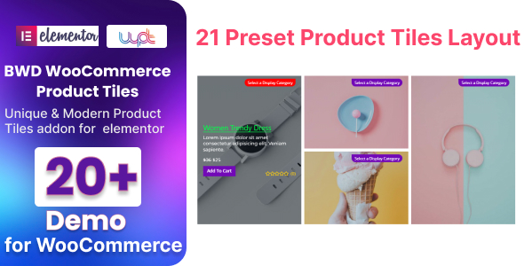 Elevate your WooCommerce store visuals with the WooCommerce Product Tiles Addon for Elementor. Enjoy stunning