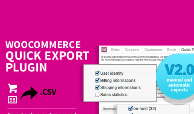 WooCommerce Quick Export Plugin gives thou the potential in accordance with export among CSV file for consideration all the WooCommerce clients then WooCommerce orders in just one click. A giant way after analyzing more easily you store pastime and switch the facts between every other software.