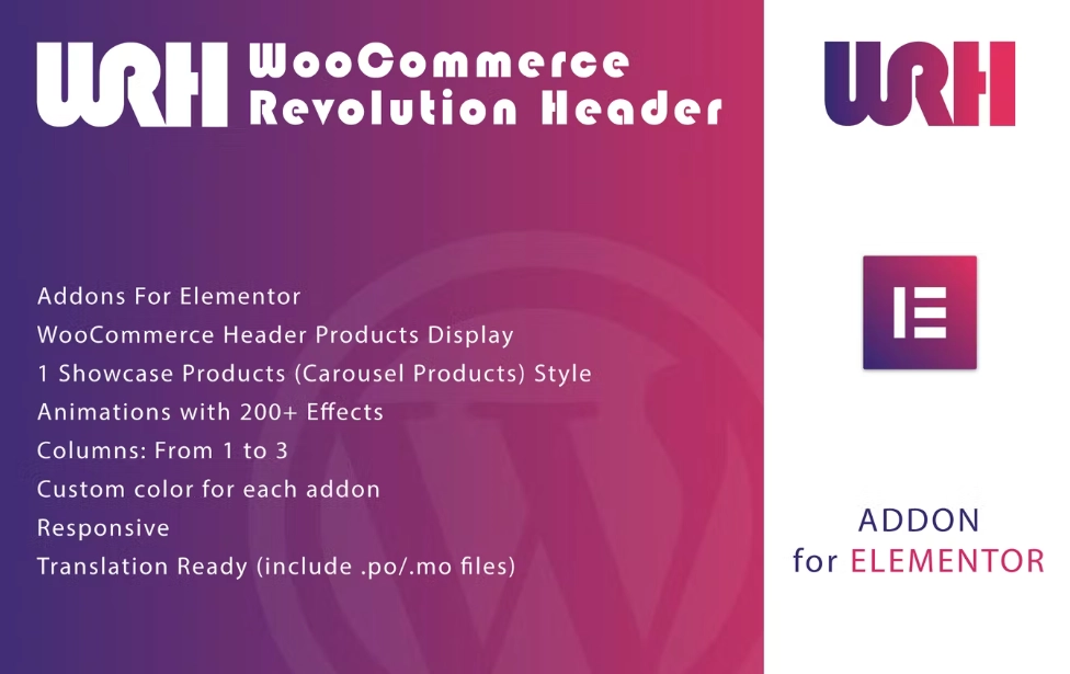 Welcome to WooCommerce Revolution Header for Elementor. With this awesome plugin you can build your WooCommerce Header Products in 1 minute using elementor. In this plugin are included 4 different styles. Required Elementor installed if you want use this plugin. Because this is an addon for Elementor