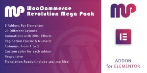 Welcome to WooCommerce Revolution Mega Pack. With this fantastic plugin you have 5 Elementor widgets and 29 different layout for using WoocCommerce for Elementor and create your online store in minutes. Required Elementor installed if you want use this plugin. Because this is an addon for Elementor Features: 5 Addons…