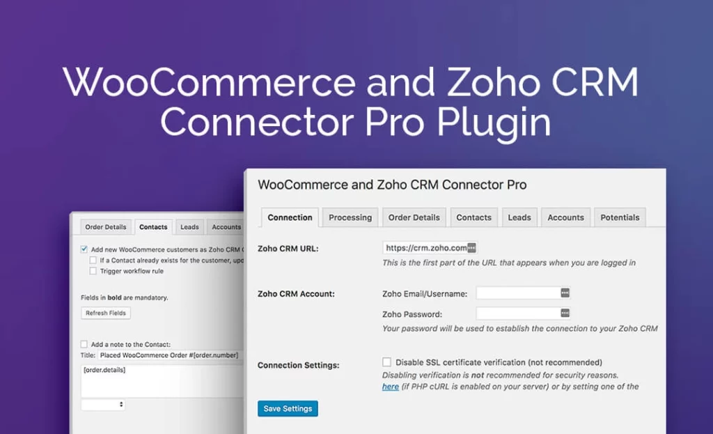 The WooCommerce and Zoho CRM Connector Pro plugin helps WooCommerce managers and webmasters transfer data between their WooCommerce stores and Zoho CRM – a customer relationship management platform that helps brands and businesses keep track of customer contacts and their interactions with the business. Add customers as contacts and/or leads…