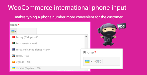 This plugin can be used for for easy phone number input when buying goods in WooCommerce with using flags of countries. Consist the option to set country automatically (using client IP address) and phone number validation. To start plugin work – you only need to activate it. It’s really simple.