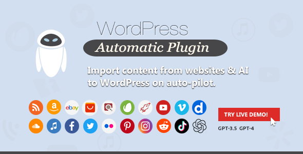 WordPress Automatic Plugin posts from almost any website to WordPress automatically. It can import from popular sites like Youtube and Twitter utilizing their APIs or from any website of your choice using its scraping modules.