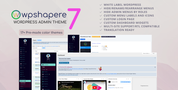 WPShapere WordPress Admin Theme is a WordPress plugin and a powerful tool to customize your WordPress admin. It will totally white label the WordPress admin section. With WPShapere you have the ability to offer your customers a complete new admin dashboard with your brand name.