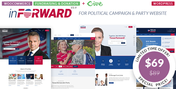 inForward WordPress theme is a next generation of our Classic Candidate Political WordPress theme. It’s suitable for any nonprofit organization