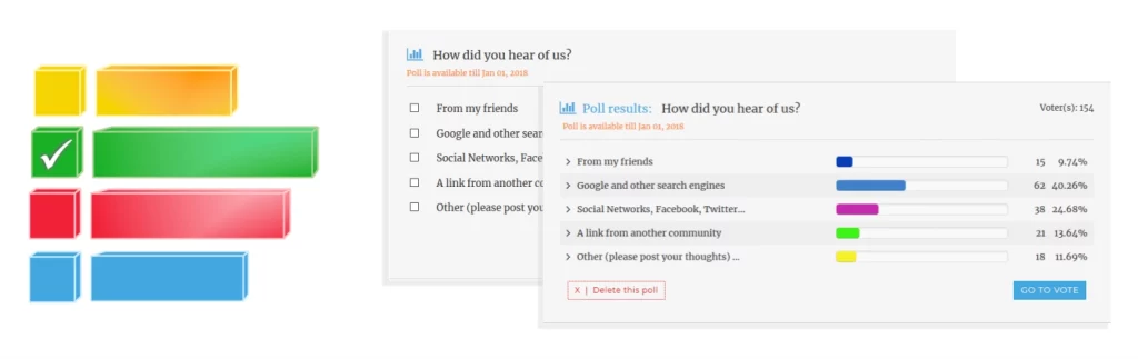 wpForo Polls addon is a robust and complete addon to help forum members create and manage polls effectively. Polls allow forum members to pose questions to the other users of the board and have an easy way to track results. Perfect for surveys